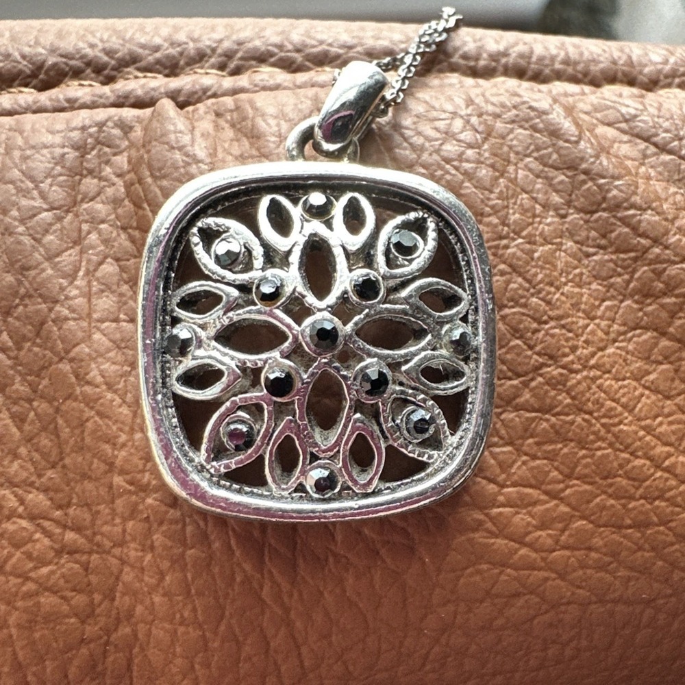 Satya Jewelry Silver Tone Openwork Floral Mandala Pendant Necklace Black Crystal